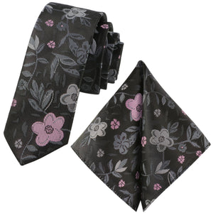 GASSANI 2-SET sada kravat, štíhlá černá extra dlouhá pánská kravata růžová květinová, 6cm tenký žakárový svatební kapesník do kravaty
