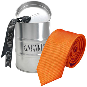 GASSANI 6cm Schmale Orange Gestreifte Uni Rips Herren-Krawatte, Schlips Binder In Geschenk-Box Dose Blech-Spardose