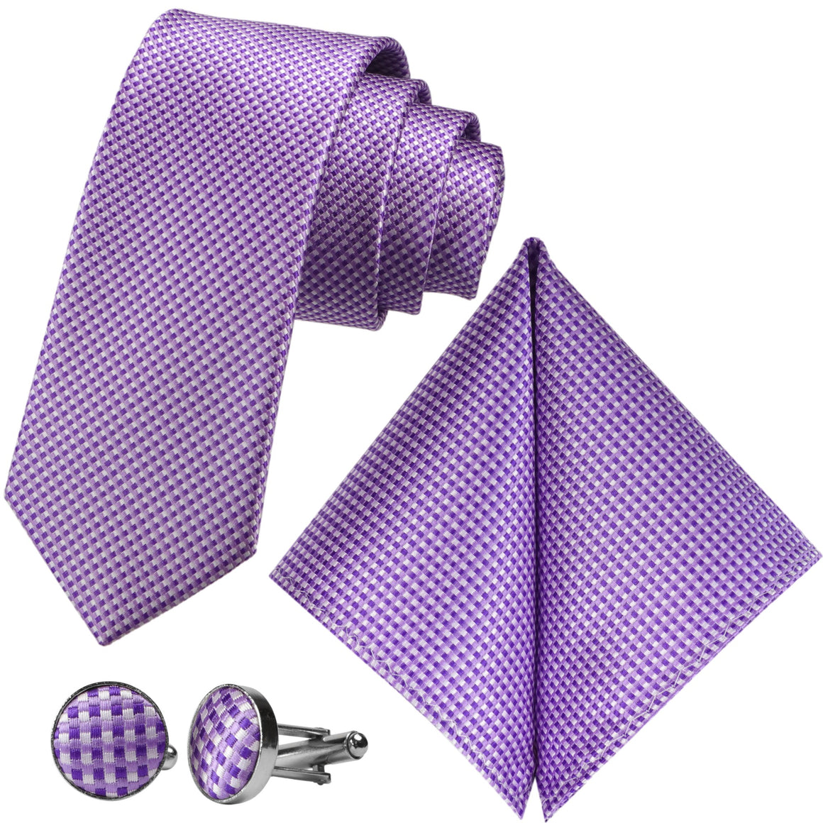 GASSANI 3 pz. Set, cravatta da uomo a scacchi viola e bianca stretta 7 cm, cravatta da sposa, set cravatta, cravatta da uomo, fazzoletto, gemelli