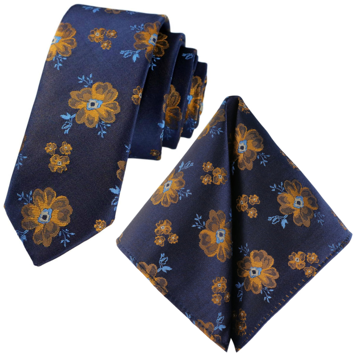 GASSANI 2-SET Krawattenset, Dunkel-Blaue Extra Lange Blumen-Krawatte Gelb-Gold Geblümt, 6cm Dünne Jacquard Herren Hochzeitskrawatte Einstecktuch