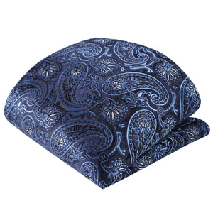 GASSANI 3-SET Paisley Krawattenset Schwarzblau-Himmelblau, Schmale Herren-Krawatte, 7cm Dünne Jacquard Hochzeitskrawatte Einstecktuch Manschettenknöpfe