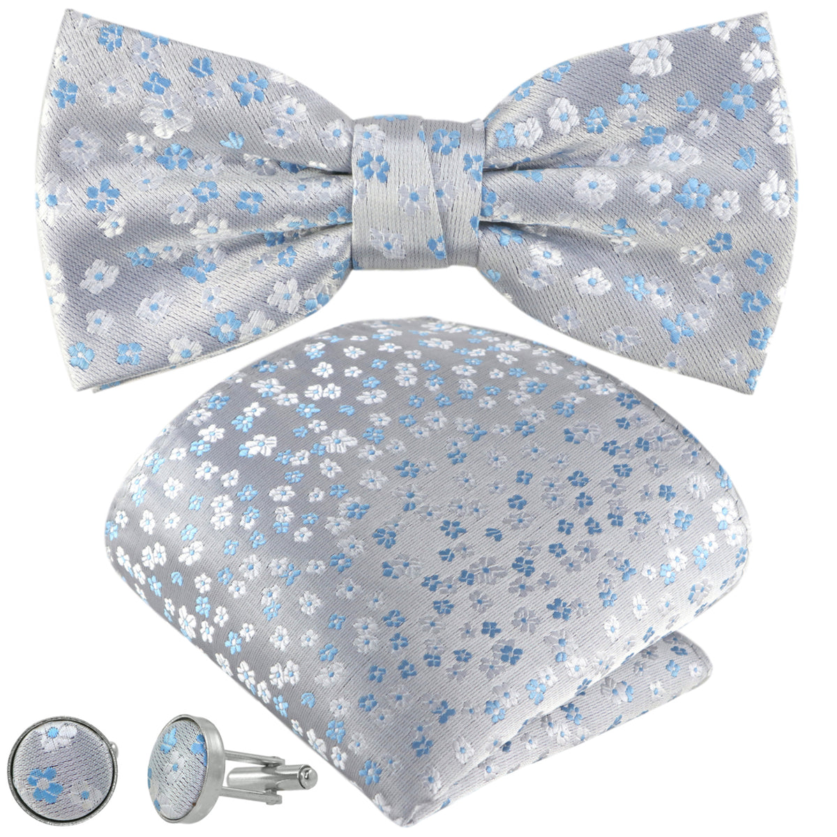 GASSANI 3-Set Blaue Satin Hochzeits-Fliege Geblümt, Blumen Schleife Einstecktuch Manschettenknöpfe