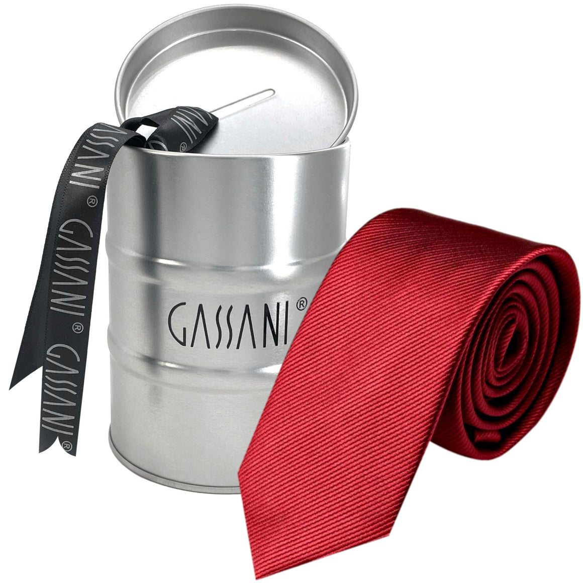 GASSANI 8 cm úzká bordó-červeně pruhovaná hladká pánská kravata, kravatový pořadač v dárkové krabičce plechová kasička