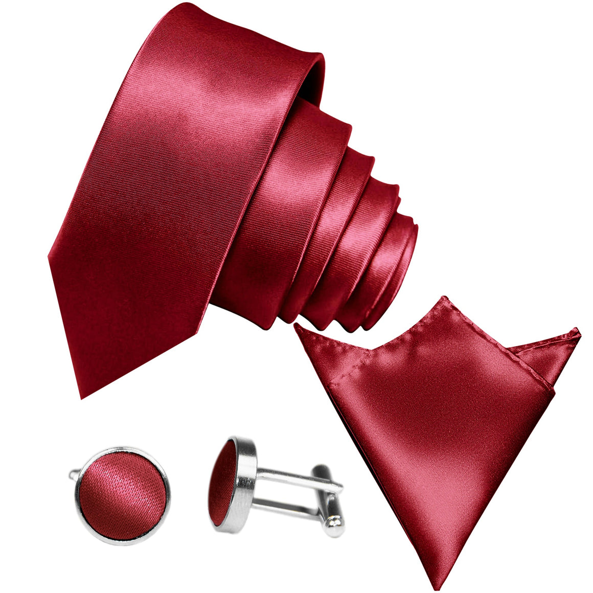 GASSANI 3-SET Krawattenset, 6cm Schmale Bordeaux Rote Lange Herren-Krawatte, Hochzeitskrawatte Schmal