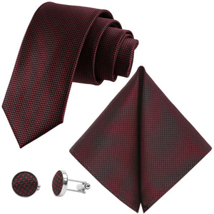 GASSANI 3 ks. Sada, 8 cm úzká vínově červená pánská kravata extra dlouhá, svatební kravata, bordó sada kravaty kapesníkové manžetové knoflíčky